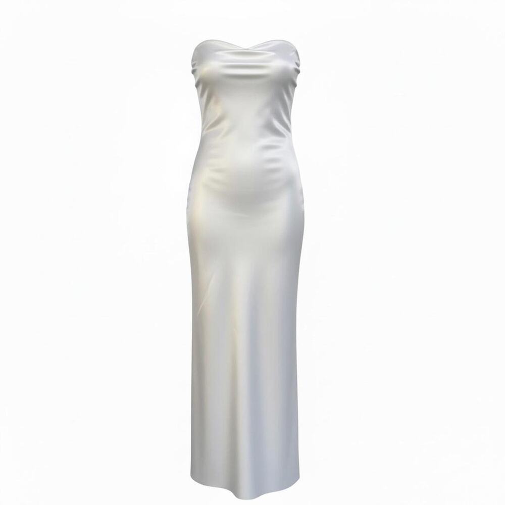 White satin strapless maxi dress